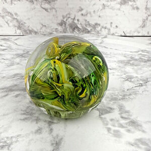 Vintage Hand Blown Art Glass Green Yellow Swirl Paperweight Round